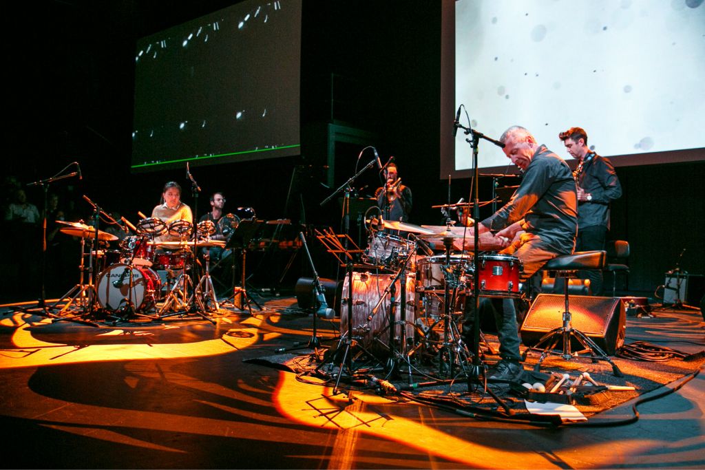 Chloe Kim, Simon Barker and The Earshift Orchestra in Disruption! The Voice of Drums at Sydney Festival. Photo © Yaya Stempler